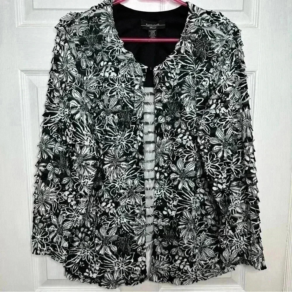 R&M Richards Ruffled Fabric  Blazer Black & White Floral Size 14W